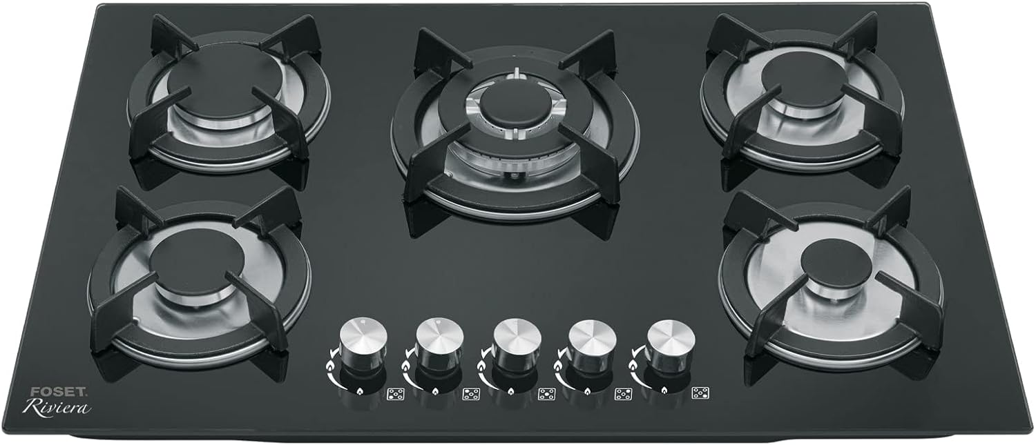 Foset PAE-755GV, Parrilla gas empotrable 75cm, 5 quemadores, vidrio negro - Carzamo.com