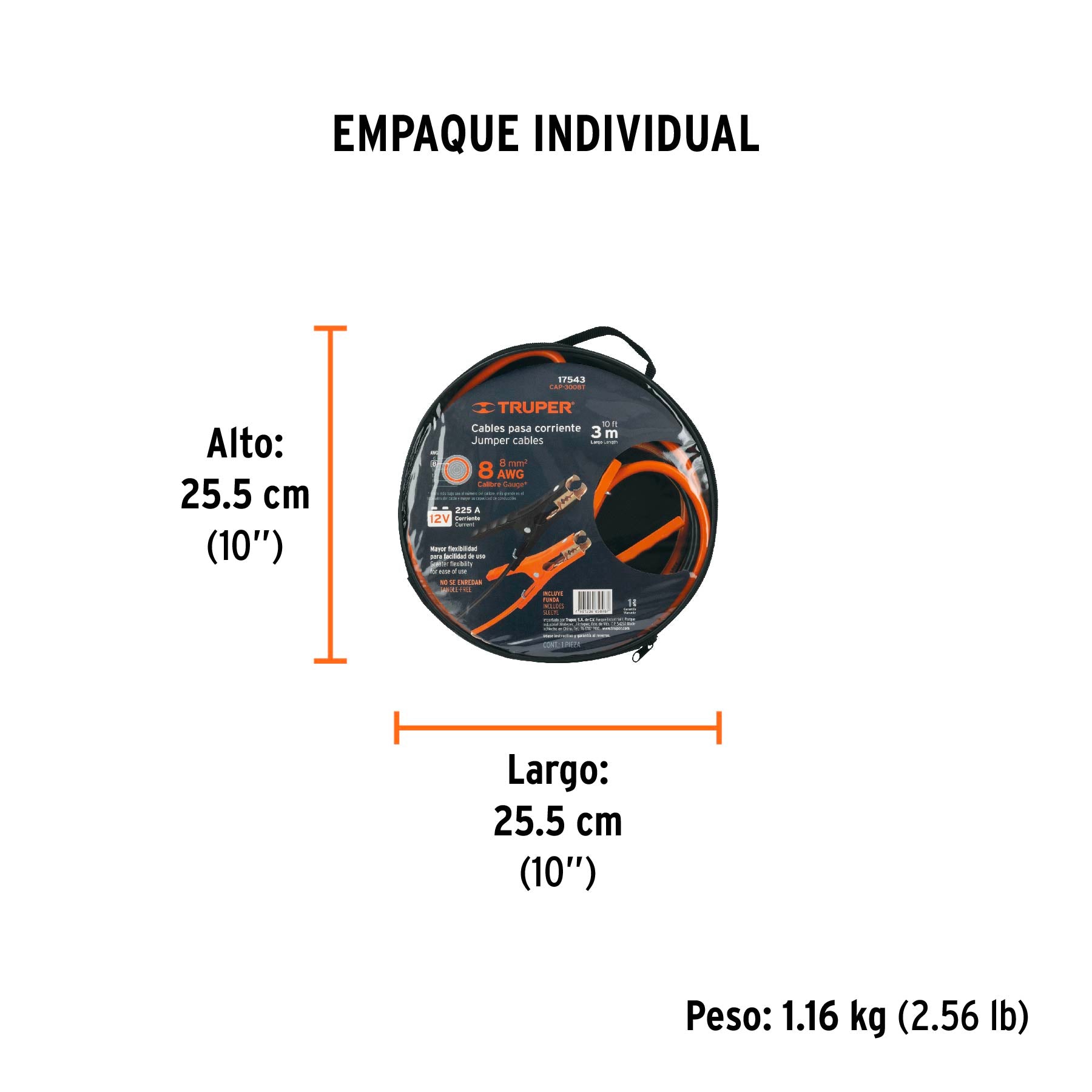 Cables pasa corriente 3 m, 225 A, 8 AWG, con funda, Truper - Carzamo.com