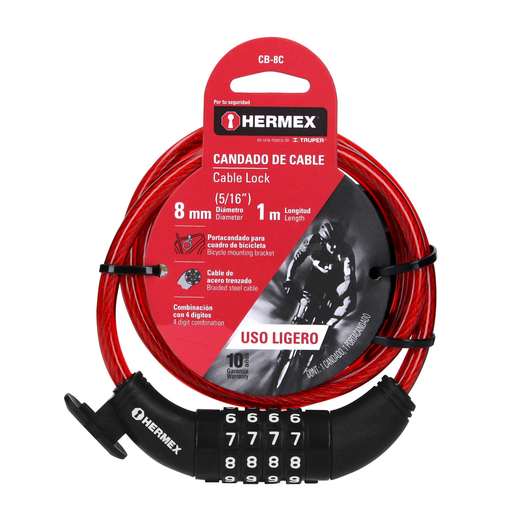 Hermex CB-8C, Candado de cable con combinación, 8 mm X 1.0 m