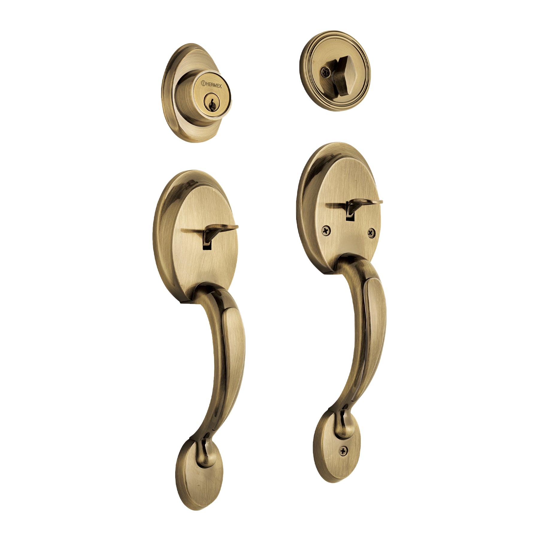 Hermex Basic CEP-21JJP, Doble jaladera, perilla y cerrojo mariposa color latón antiguo