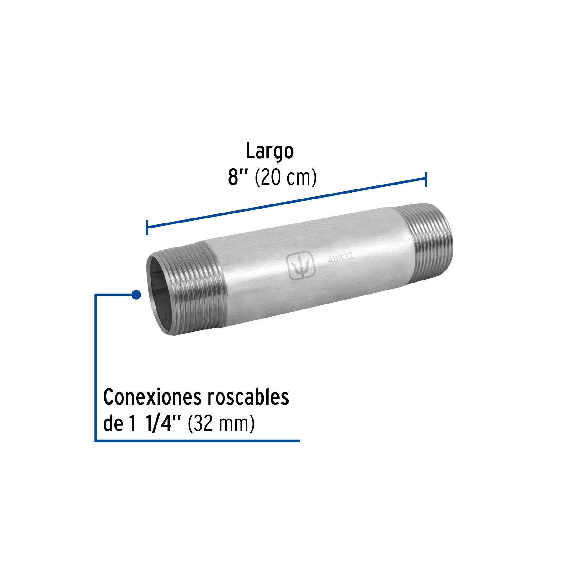 Niple, acero galvanizado, 1-1/4 x 8', cedula 40 Foset