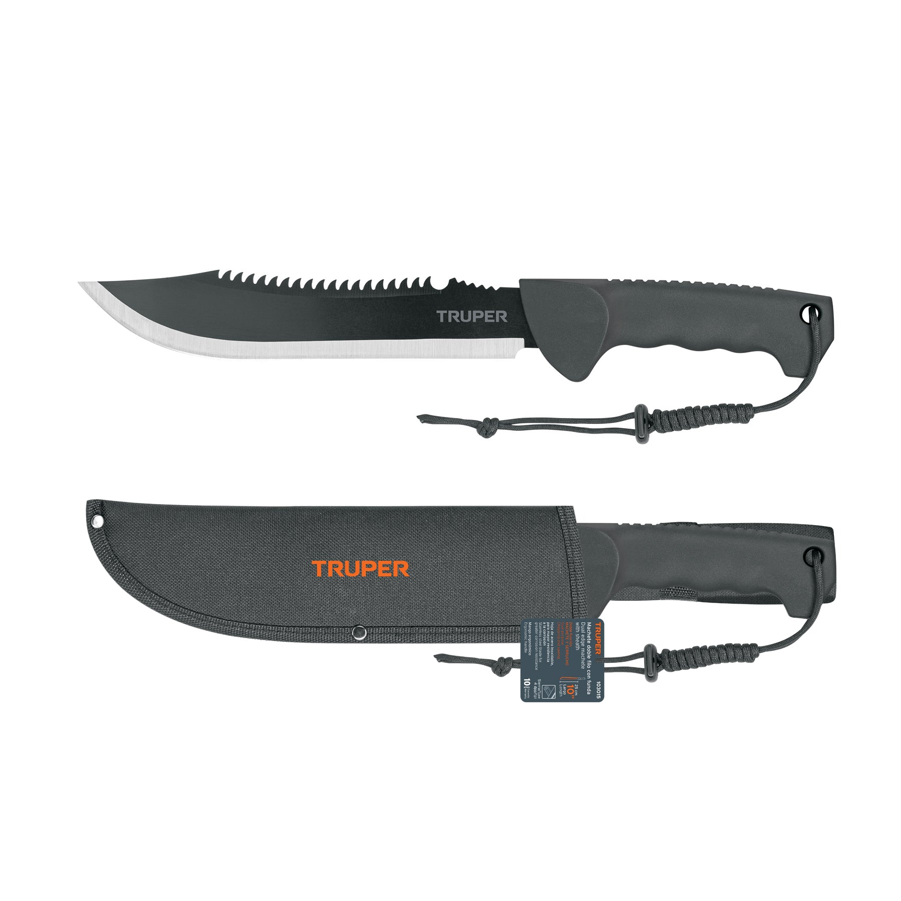 Machete doble filo 10", cacha inyectada, con funda, TRUPER - Carzamo.com