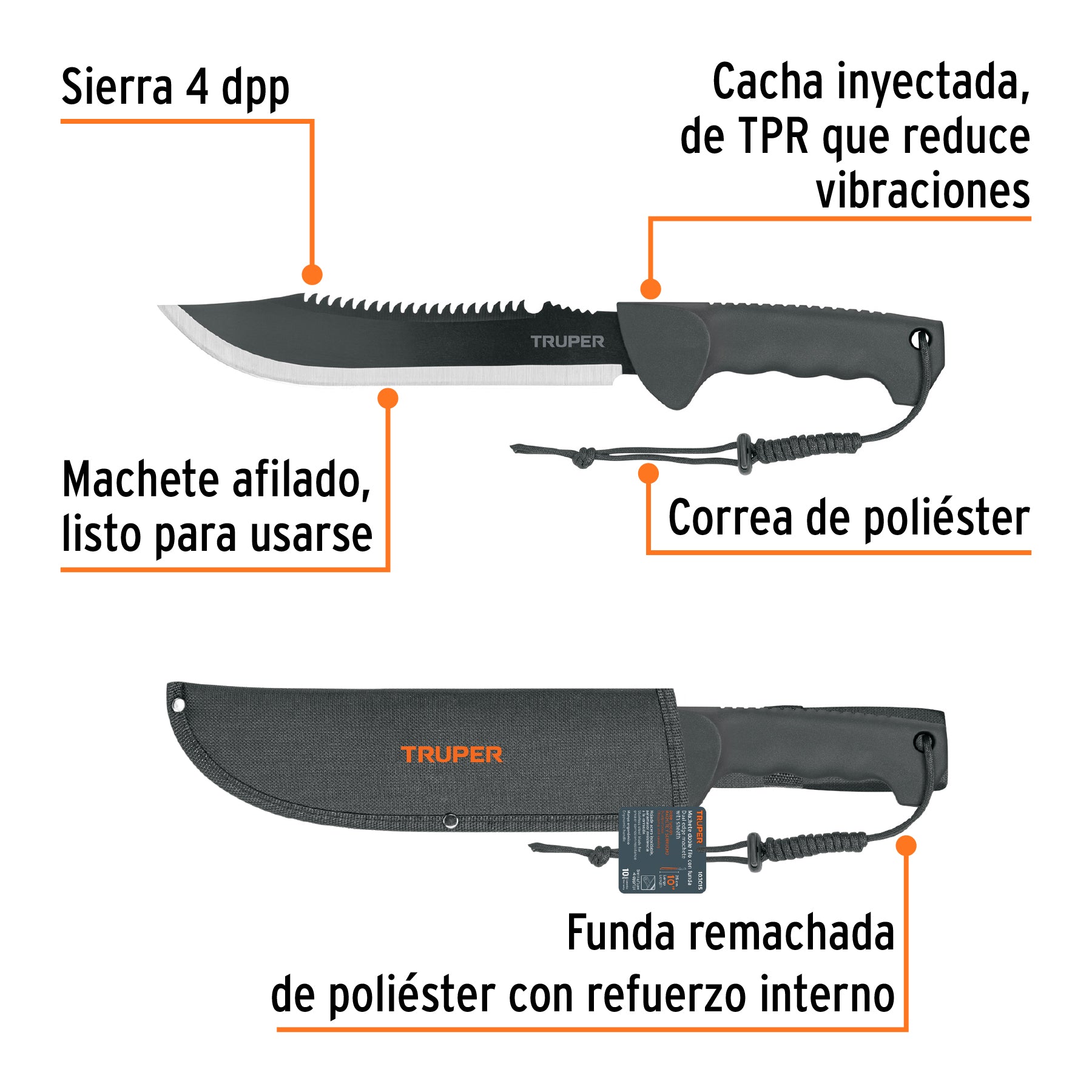 Machete doble filo 10", cacha inyectada, con funda, TRUPER - Carzamo.com