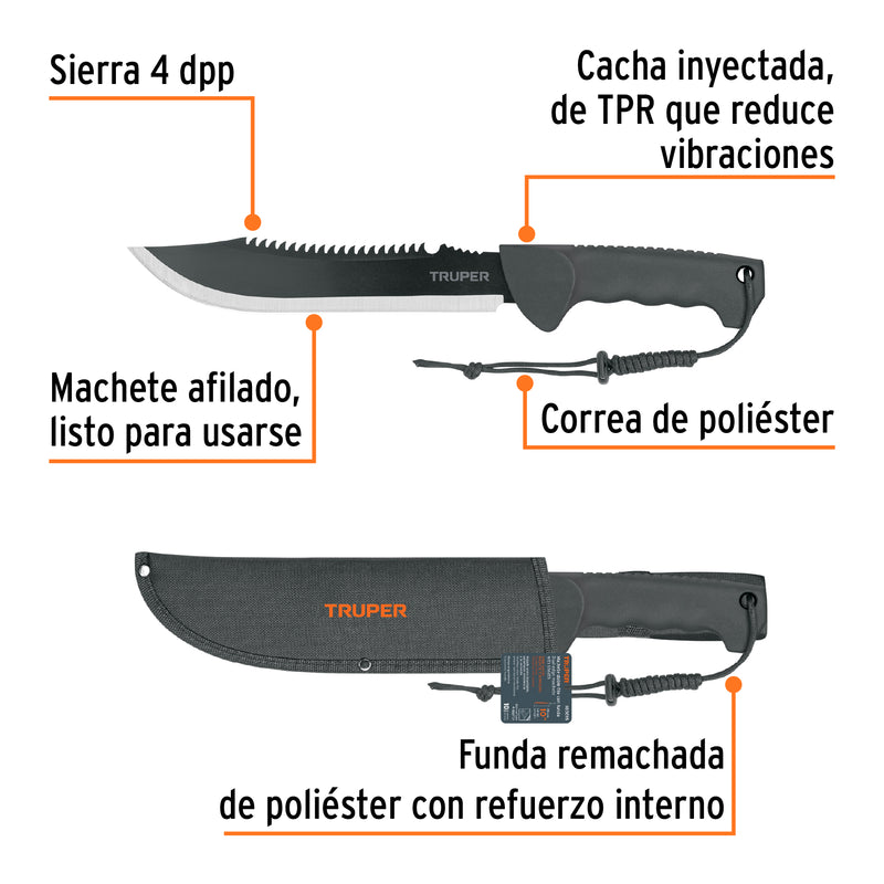 Machete doble filo 10", cacha inyectada, con funda, TRUPER - Carzamo.com