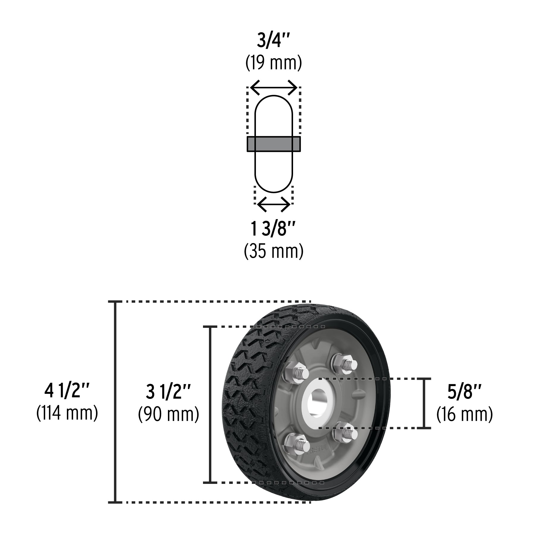 Pretul RD-41, Rueda de hule sólido 4-1/2″ para diablo un balero, 1 pieza