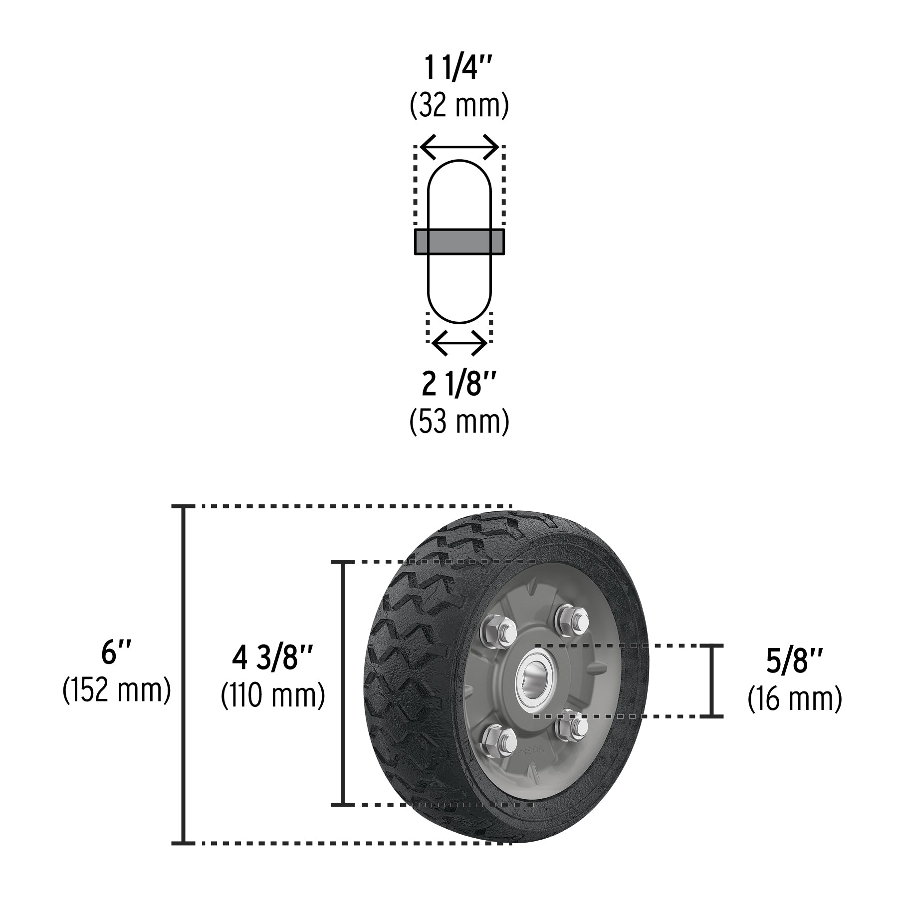Pretul RD-62, Rueda de hule sólido 6″ para diablo doble balero, 1 pieza