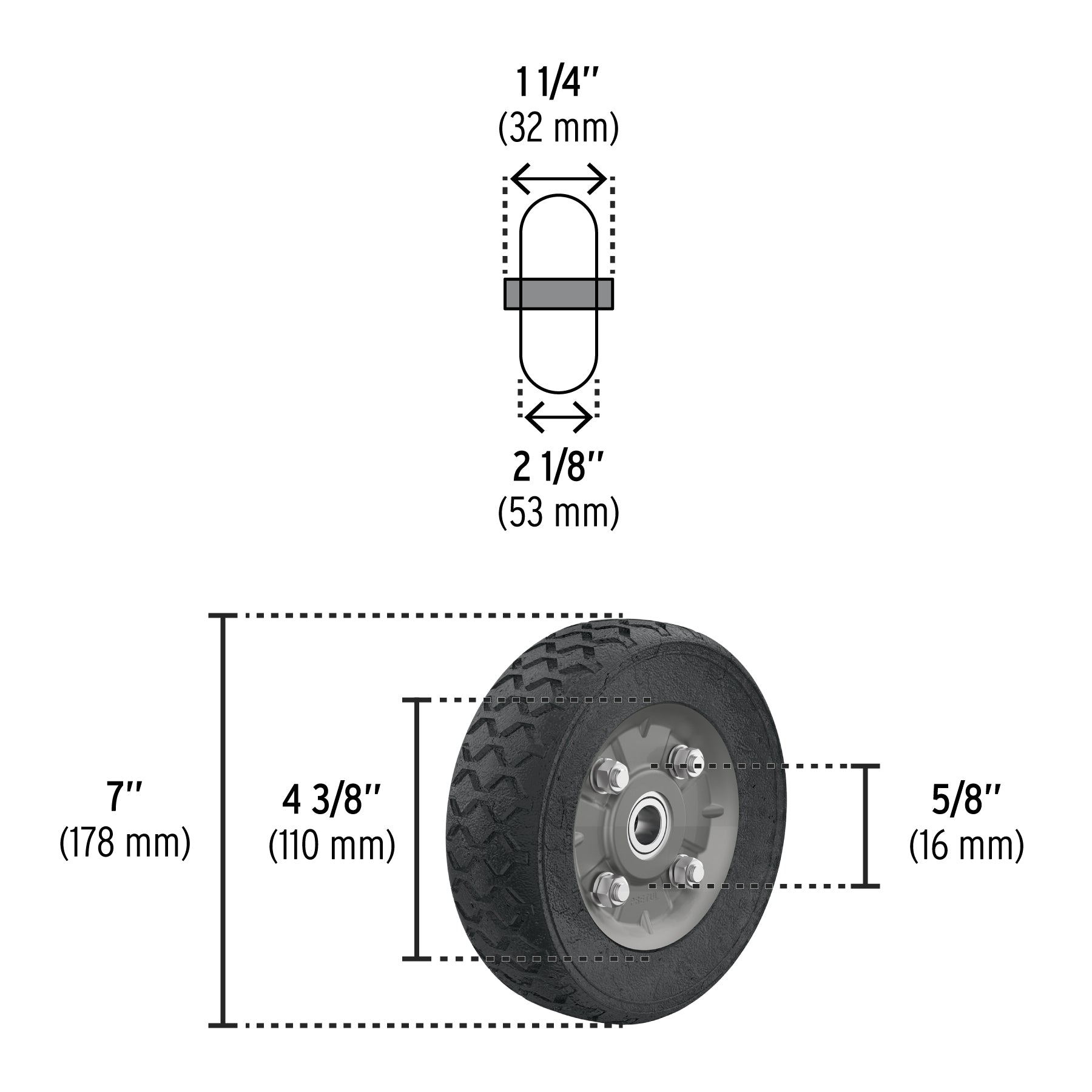 Pretul RD-72, Rueda de hule sólido 7″ para diablo doble balero, 1 pieza