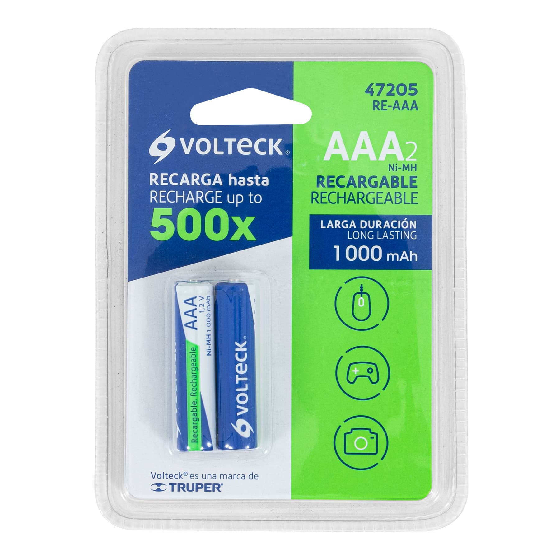 Volteck RE-AAA, Pilas recargables, larga duración, AAA, 1, 000 mAh, 2 piezas