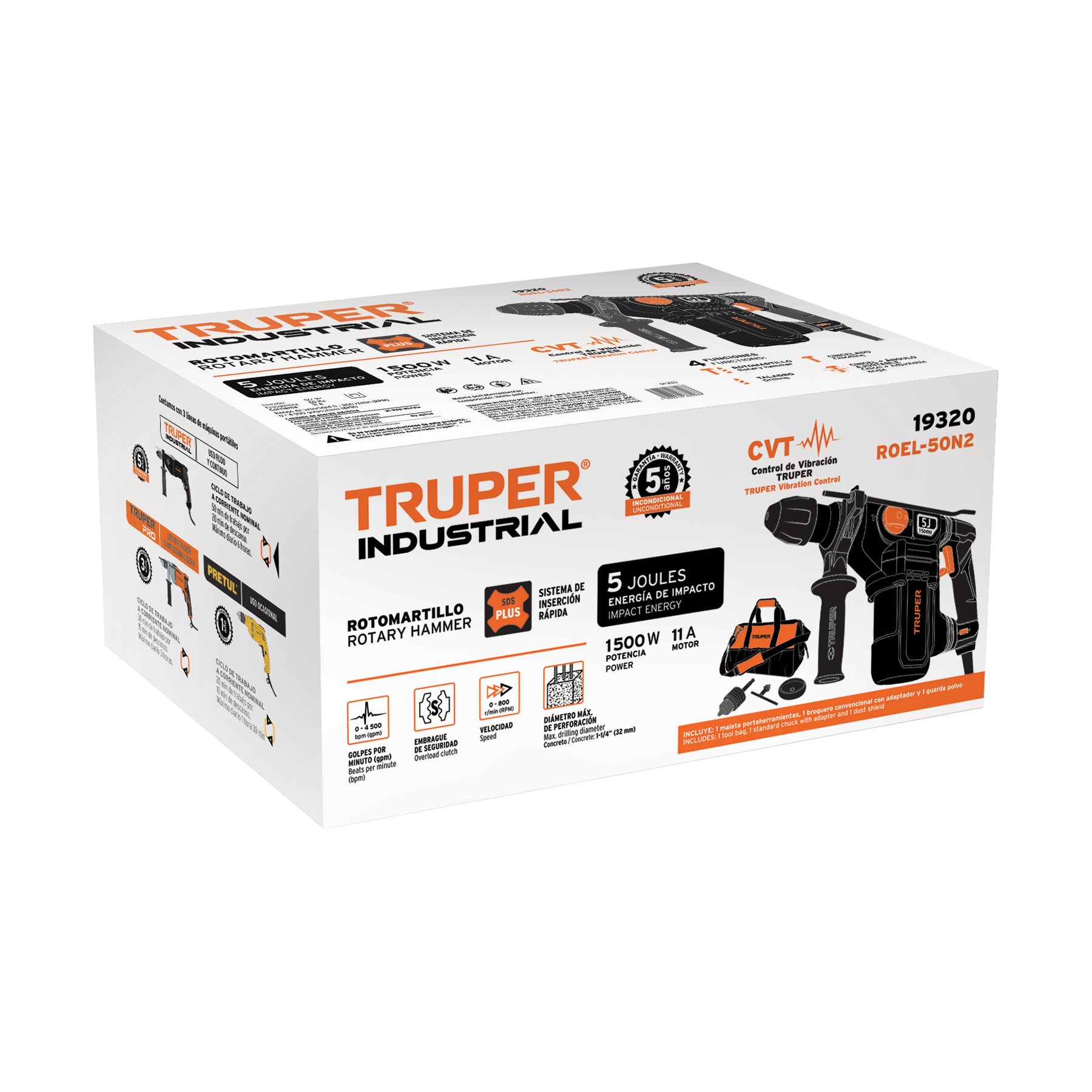 Rotomartillo TRUPER Industrial ROEL-50N2 SDS Plus 1500W 5 Joules con Mango Auxiliar - Carzamo.com