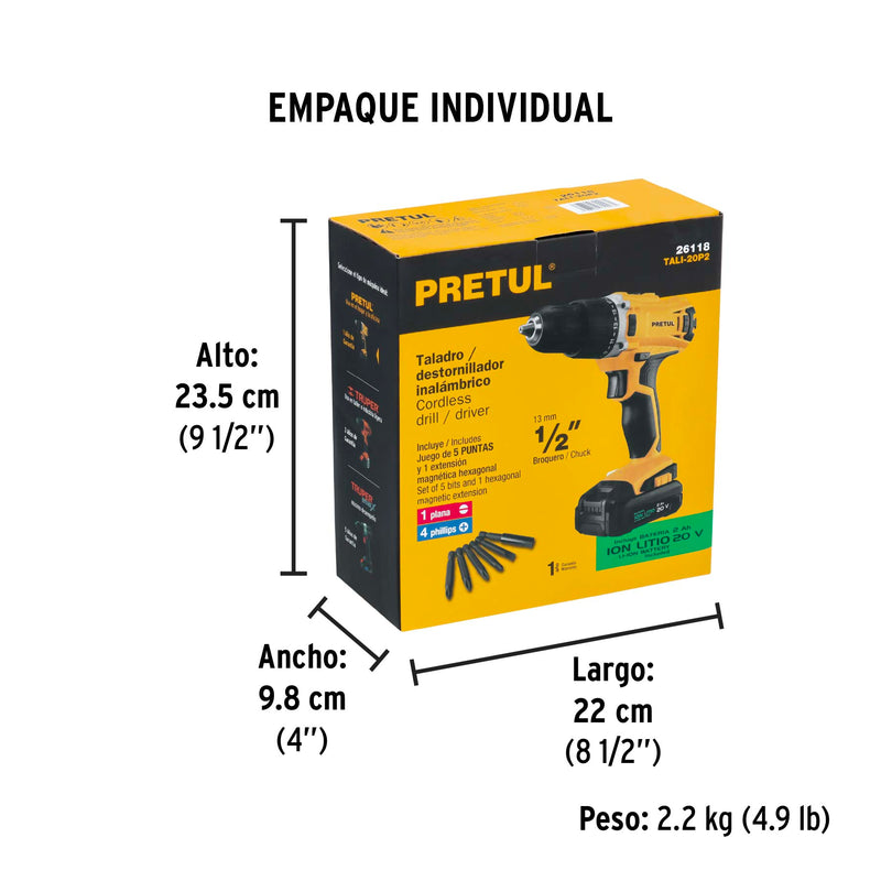 Taladro Inalámbrico 1/2" 20V con 1 Batería 2Ah Pretul TALI-20P2 - Carzamo.com