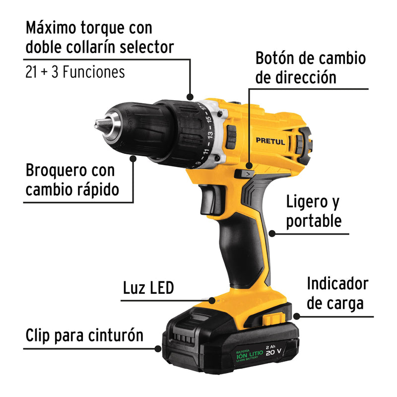 Taladro Inalámbrico 1/2" 20V con 1 Batería 2Ah Pretul TALI-20P2 - Carzamo.com