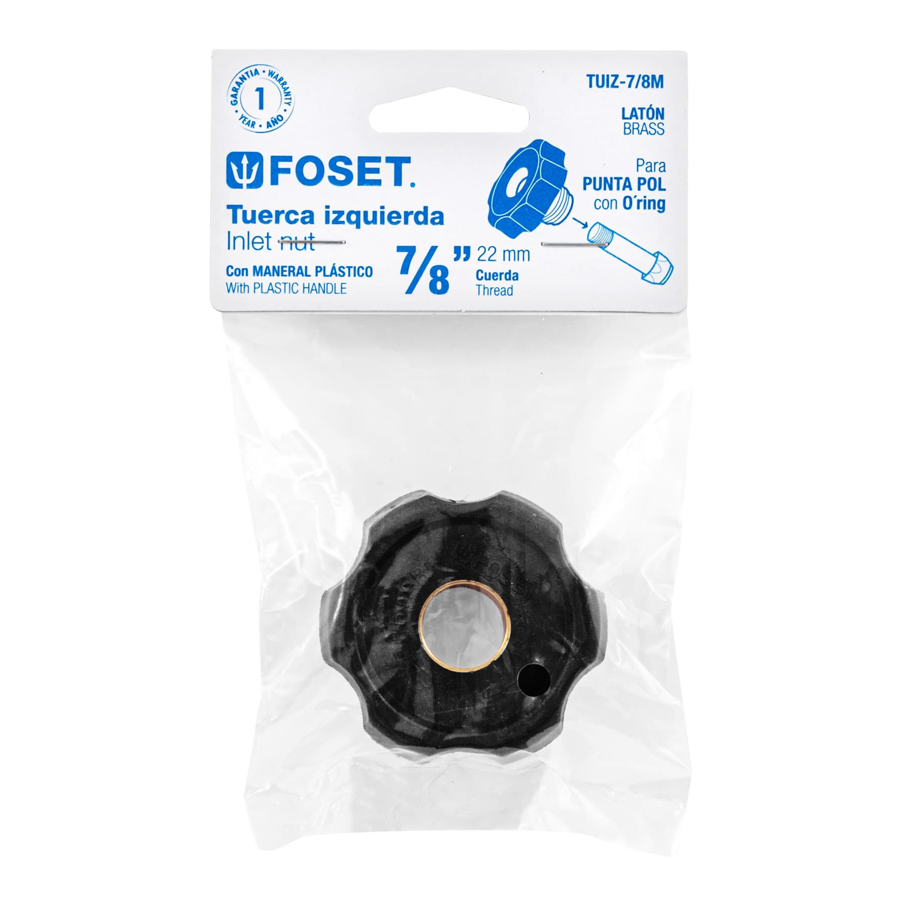Foset TUIZ-7/8M, Tuerca izquierda de latón 7/8″ con maneral plástico