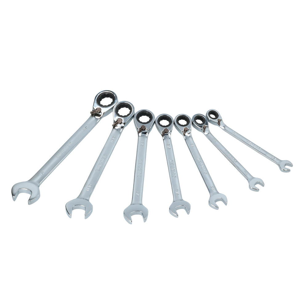 Juego de llaves combinadas pulido espejo de matraca rev en pulg, 12 puntas,7 pz en rack Surtek