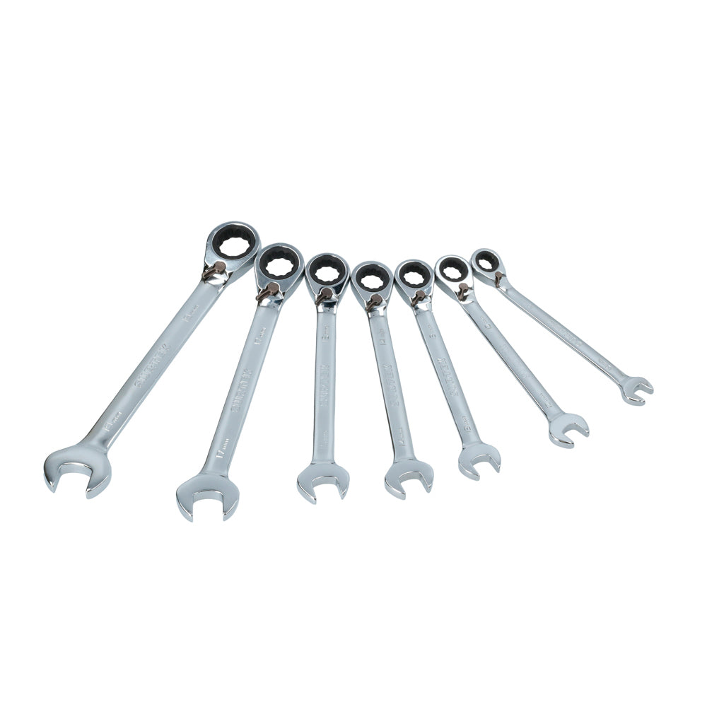 Juego de llaves combinadas pulido espejo de matraca rev mét, 12 puntas,7 pz en rack Surtek
