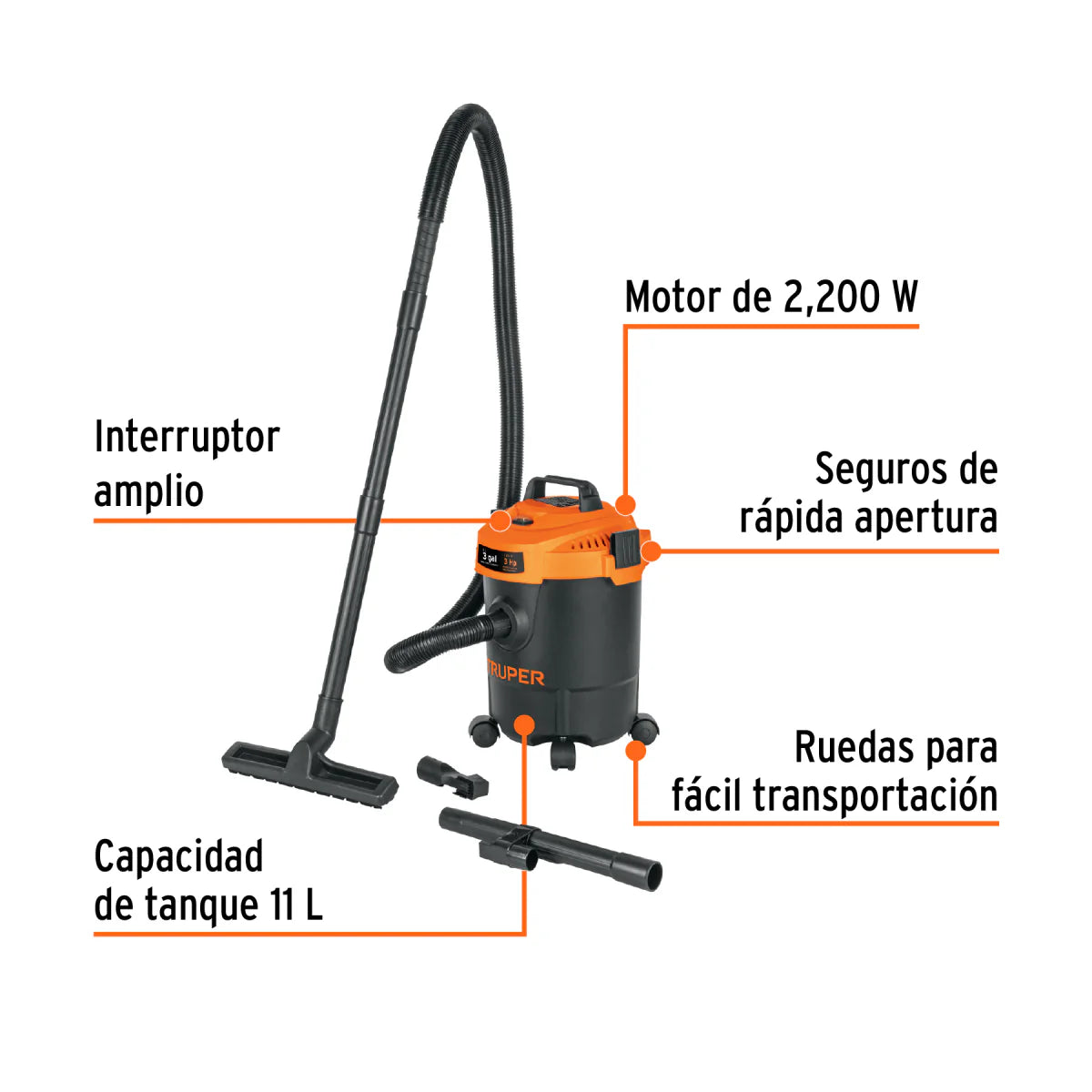 Aspiradora de sólidos y líquidos, 3 gal, plástica, negra ASP-03N