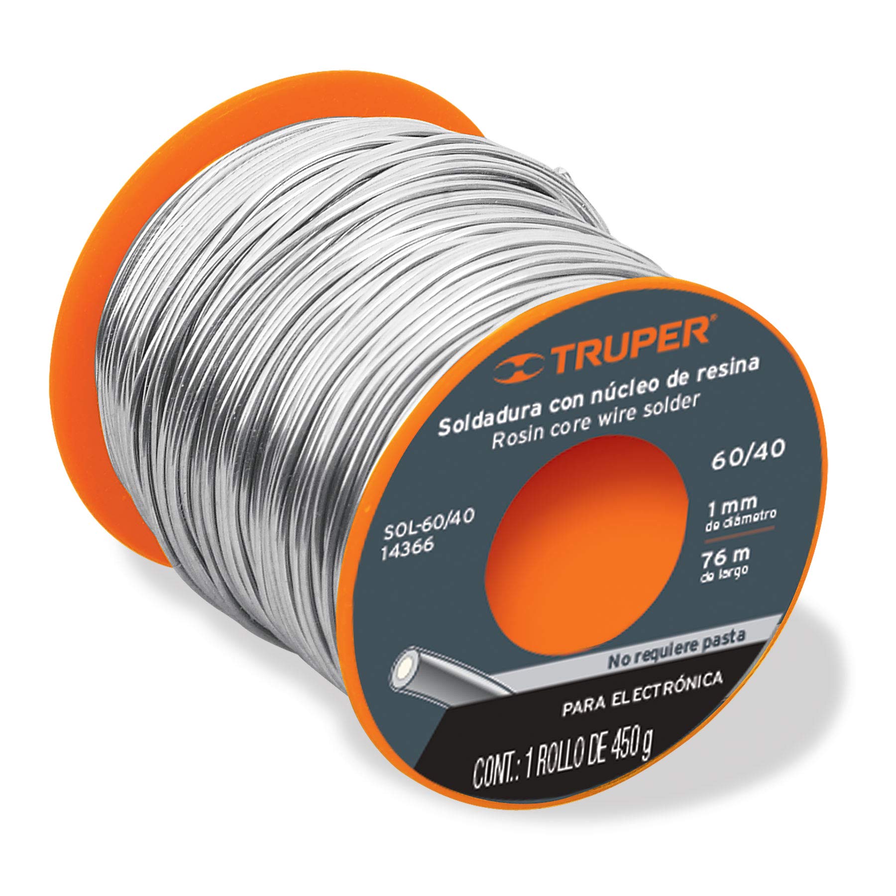 Truper SOL-60/40, Soldadura con núcleo resina 60/40, para electrónica, 450 g