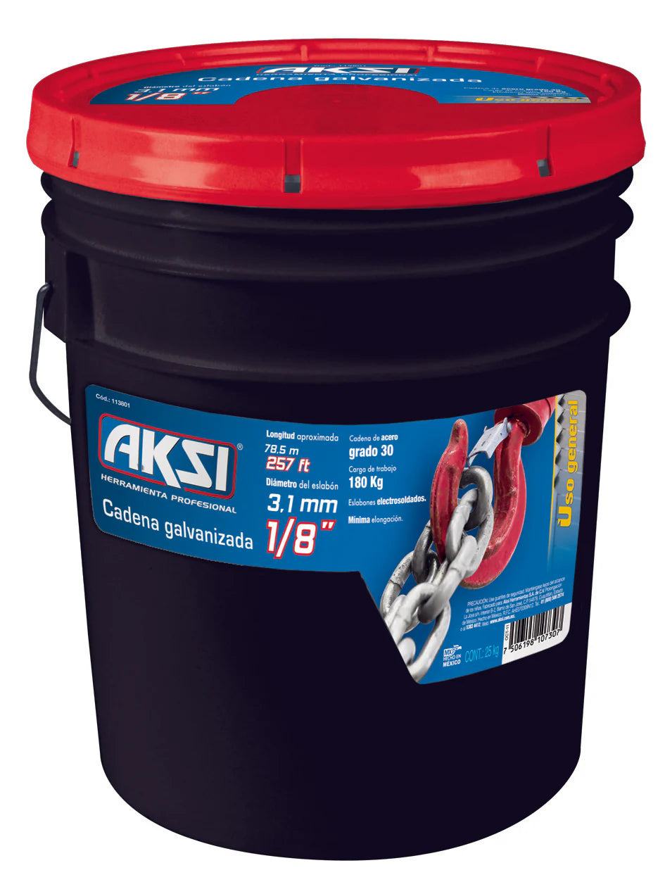 Cadena galvanizada AKSI 1/8" en cubeta, 181 kg, Pulida, resistente y versátil para uso general