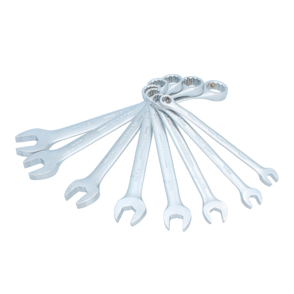 Juego de llaves combinadas satinadas métricas, 12 puntas, 8 piezas en rack Urrea