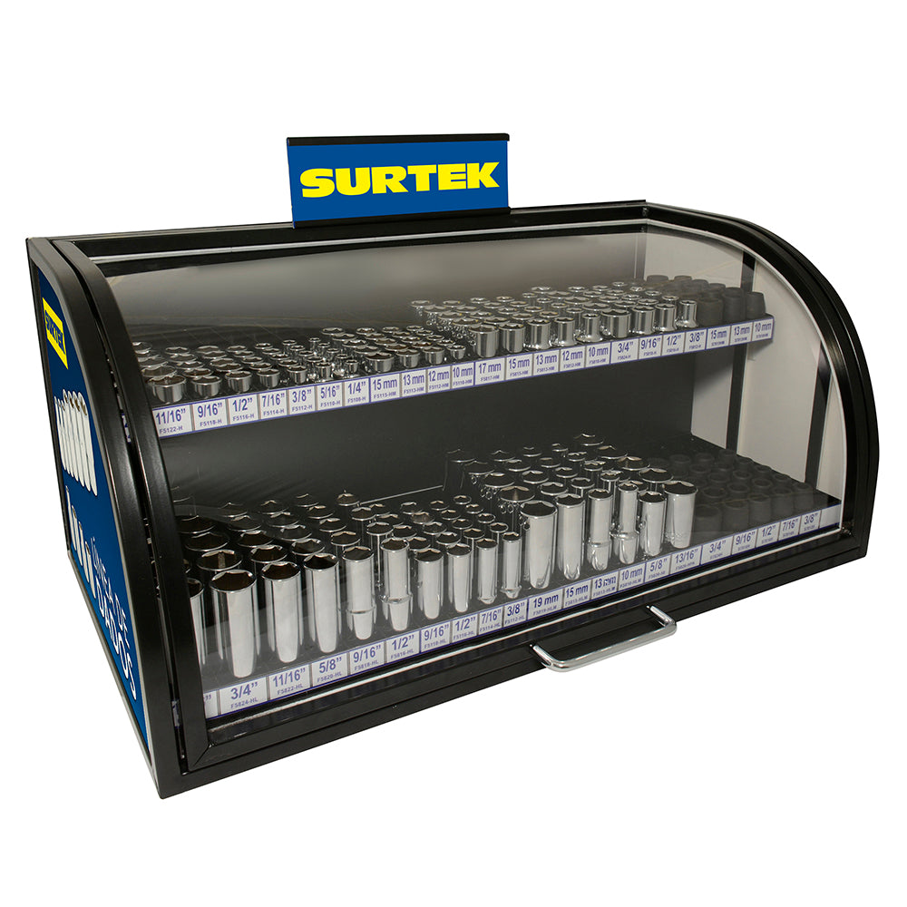 Exhibidor con dados cortos y largos cuadro de 3/8" y 1/2", 271 piezas Surtek