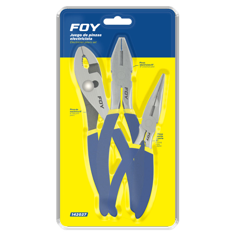 Juego de pinzas para electricista con mango doble plastisol, 3 piezas Foy