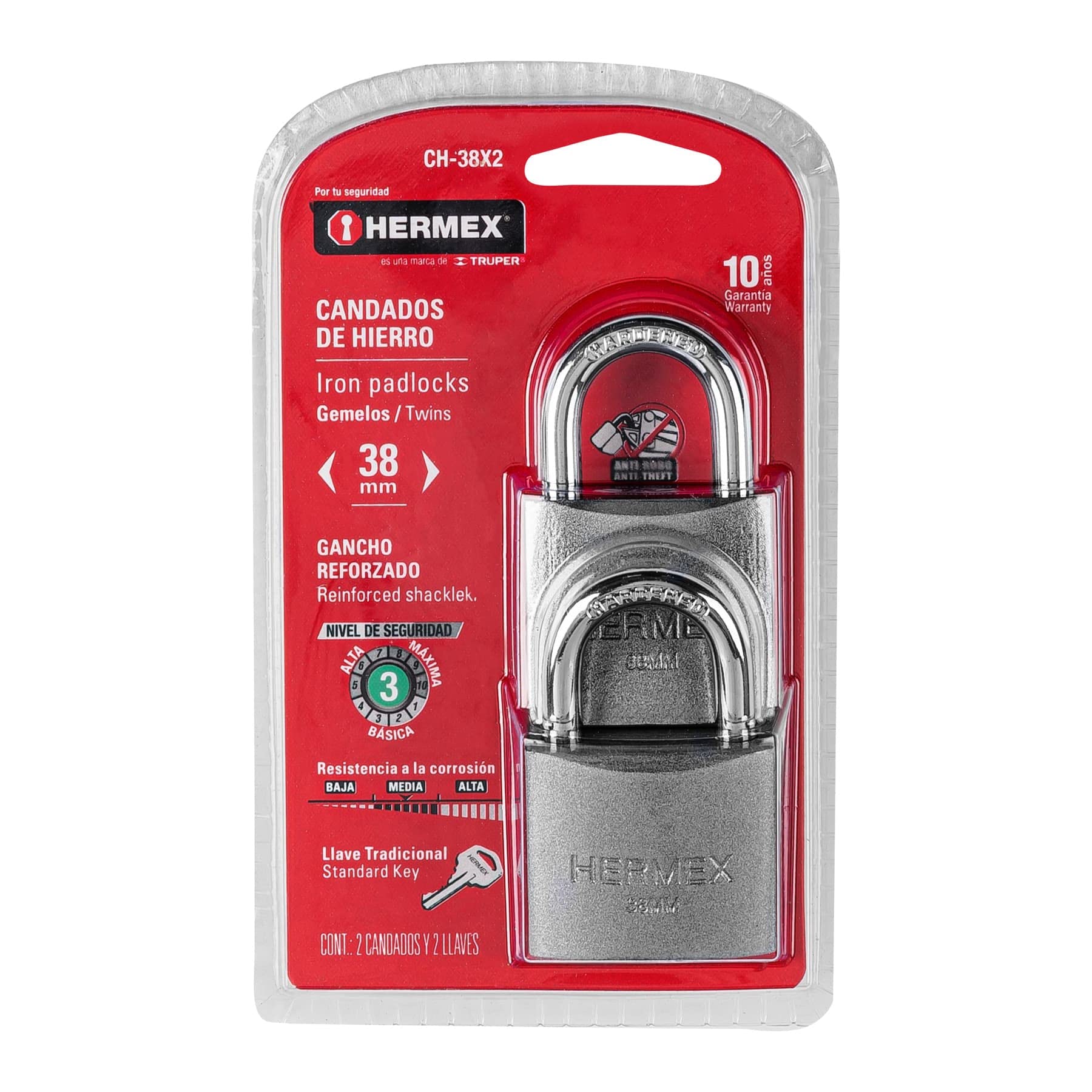 Hermex CH-38X2, Candado gemelo con cuerpo de hierro de 38mm, gancho corto, en blister