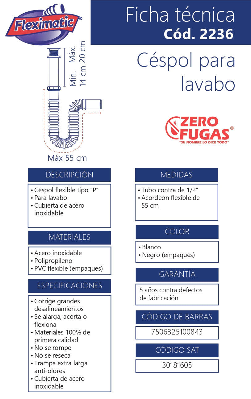 Fleximatic 2236 Céspol Flexible para lavabo Tipo ″P″ con rejilla cubierta de acero inoxidable, extensión 55cm