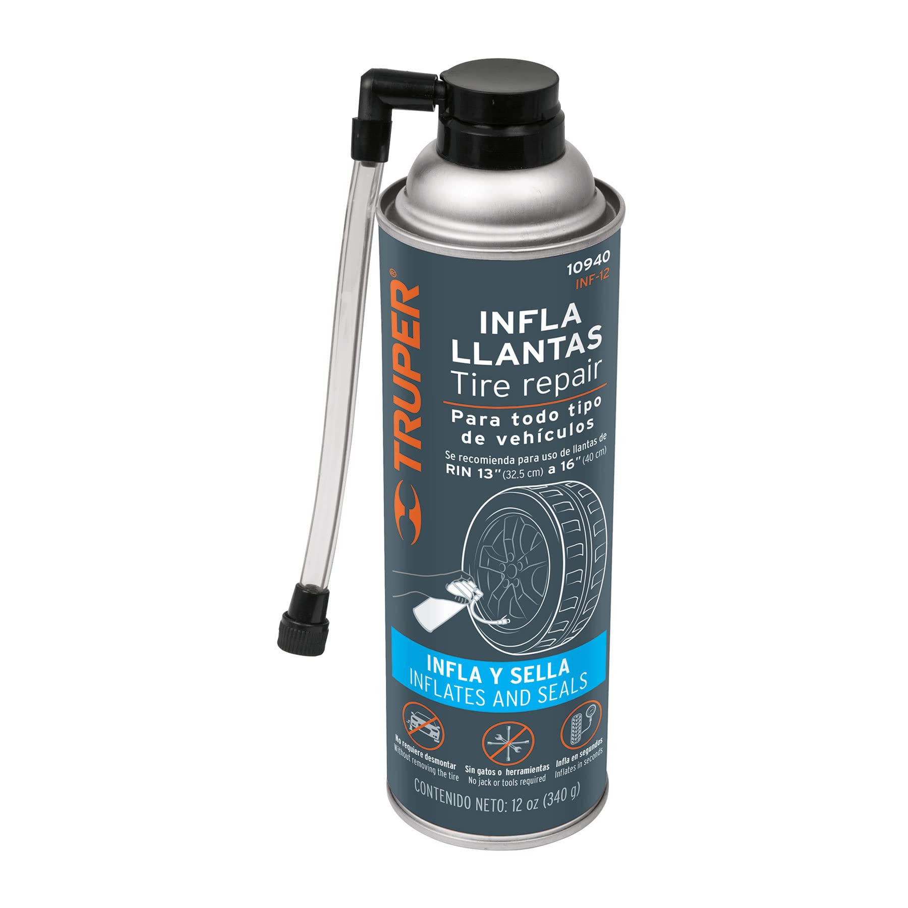 Truper INF-12, Sellador de llantas, 12 oz, infla y sella llantas al instante