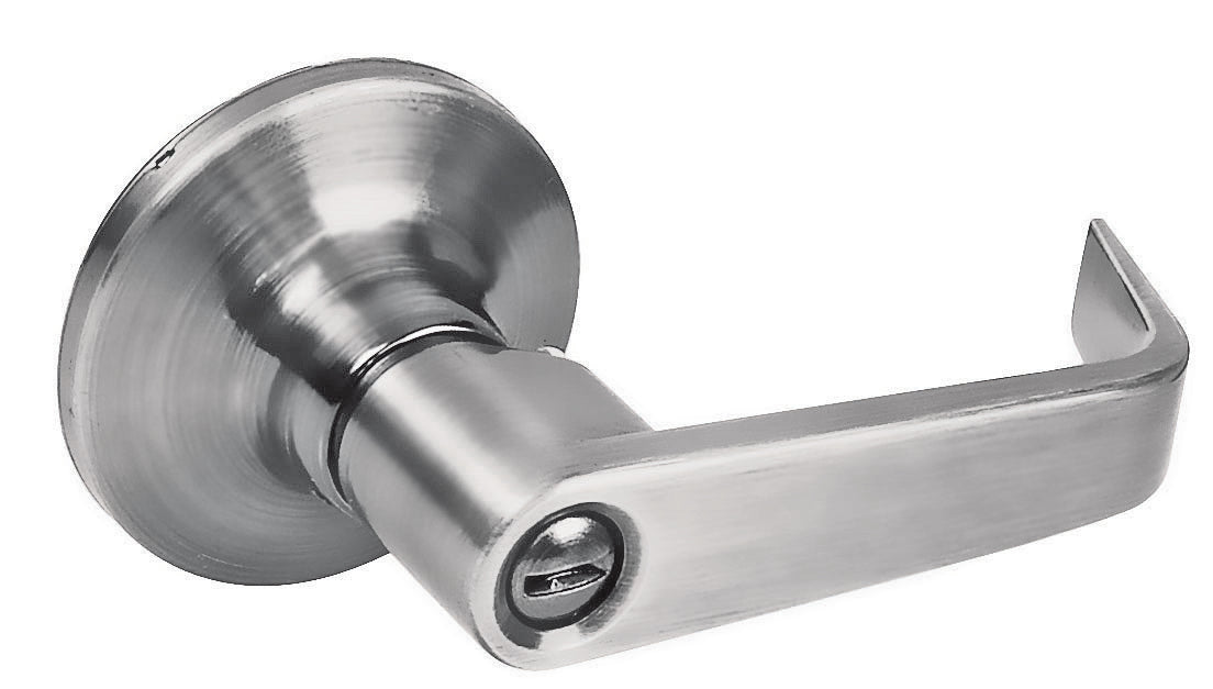 Manija tubular plana función baño, níquel satinado, llave estándar, blíster Lock