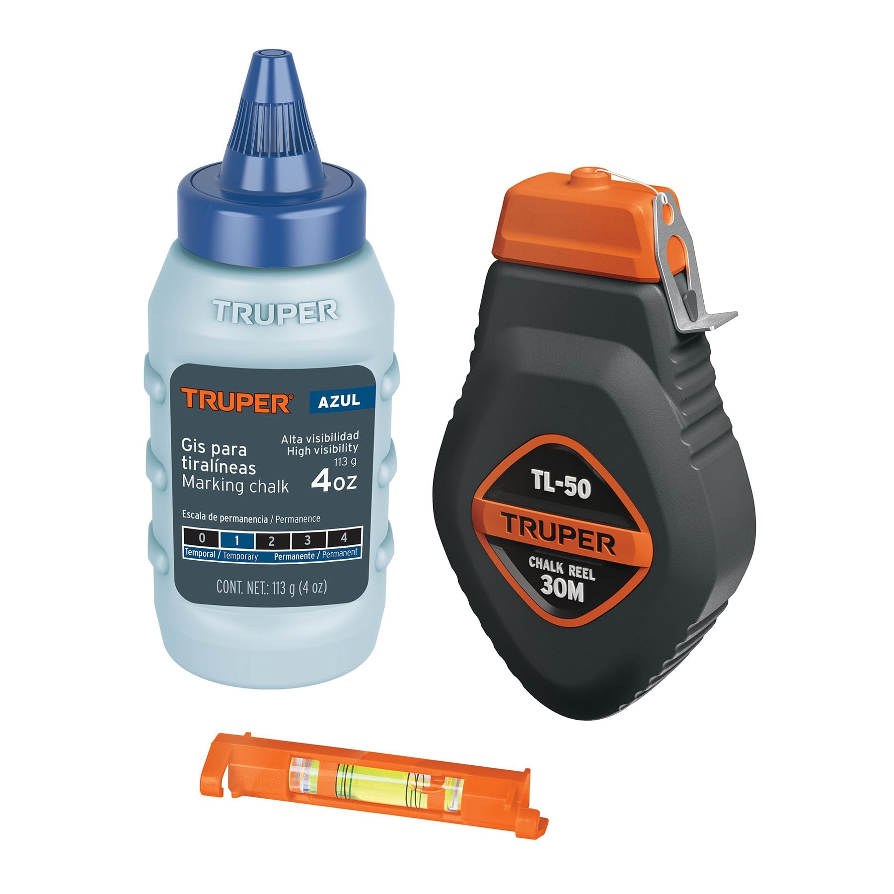 Truper TL-50, Tiralíneas 30m, cuerpo de plástico y nivel, incluye gis