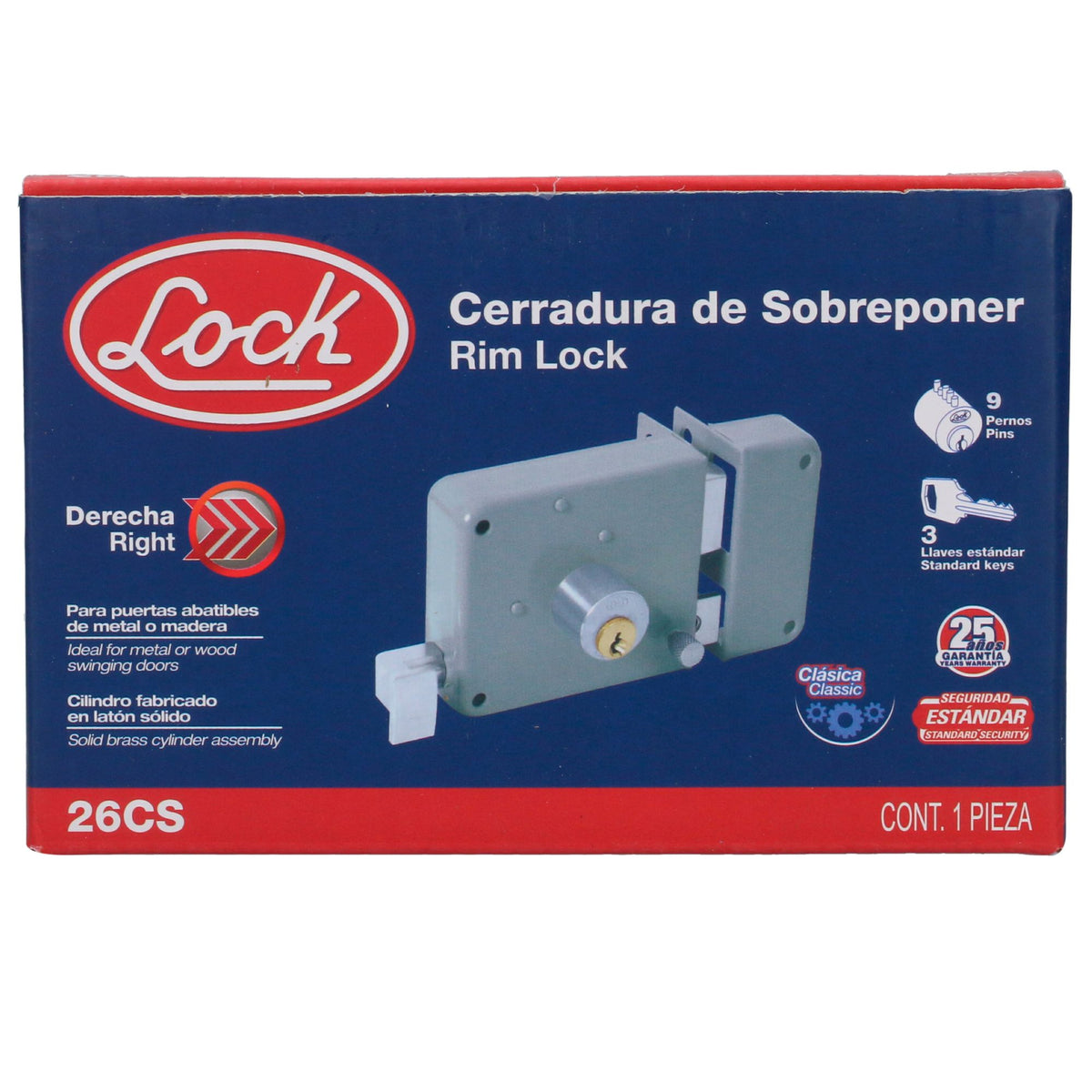 Cerradura sobreponer clásica función derecha, llave estándar, en caja Lock
