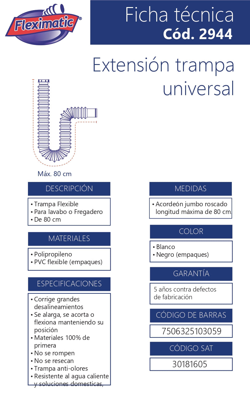 Fleximatic 2944 Extensión Trampa Jumbo para Lavabo o Fregadero Flexible, 80cm