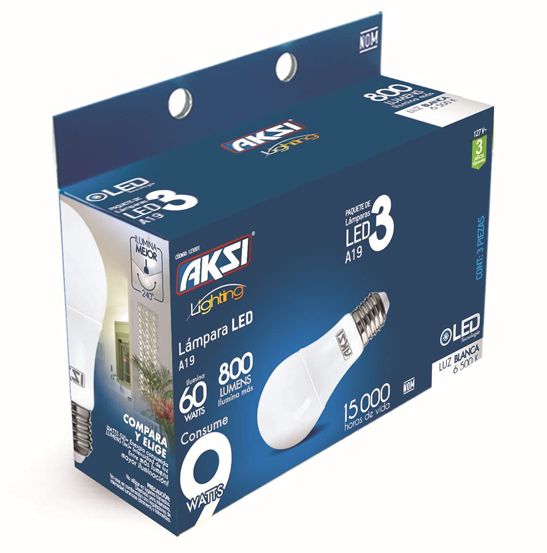 Pack de 3 Focos LED A19 con base E27, Equivalente a 60W  800 Lumens, Consume 9W , LUZ BLANCA 6500K, 15000 horas de vida  Ideal para interiores, La mejor calidad por un precio justo