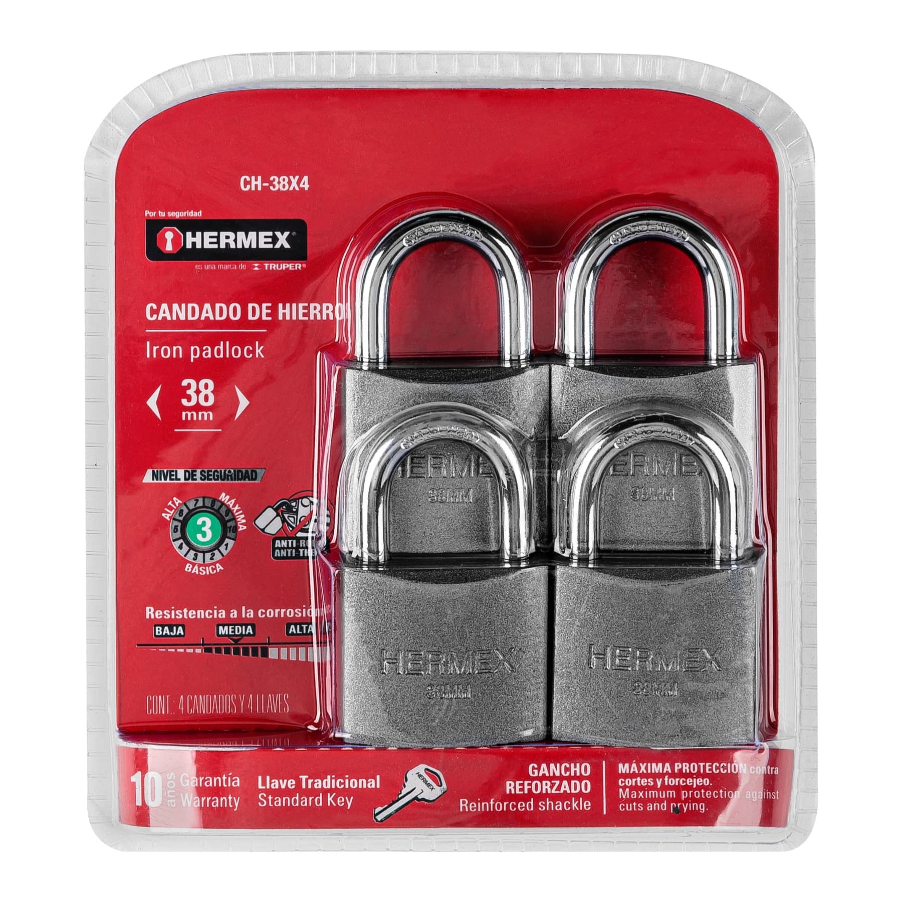 Hermex CH-38X4, Juego de 4, cuerpo de hierro, gancho corto, en blister