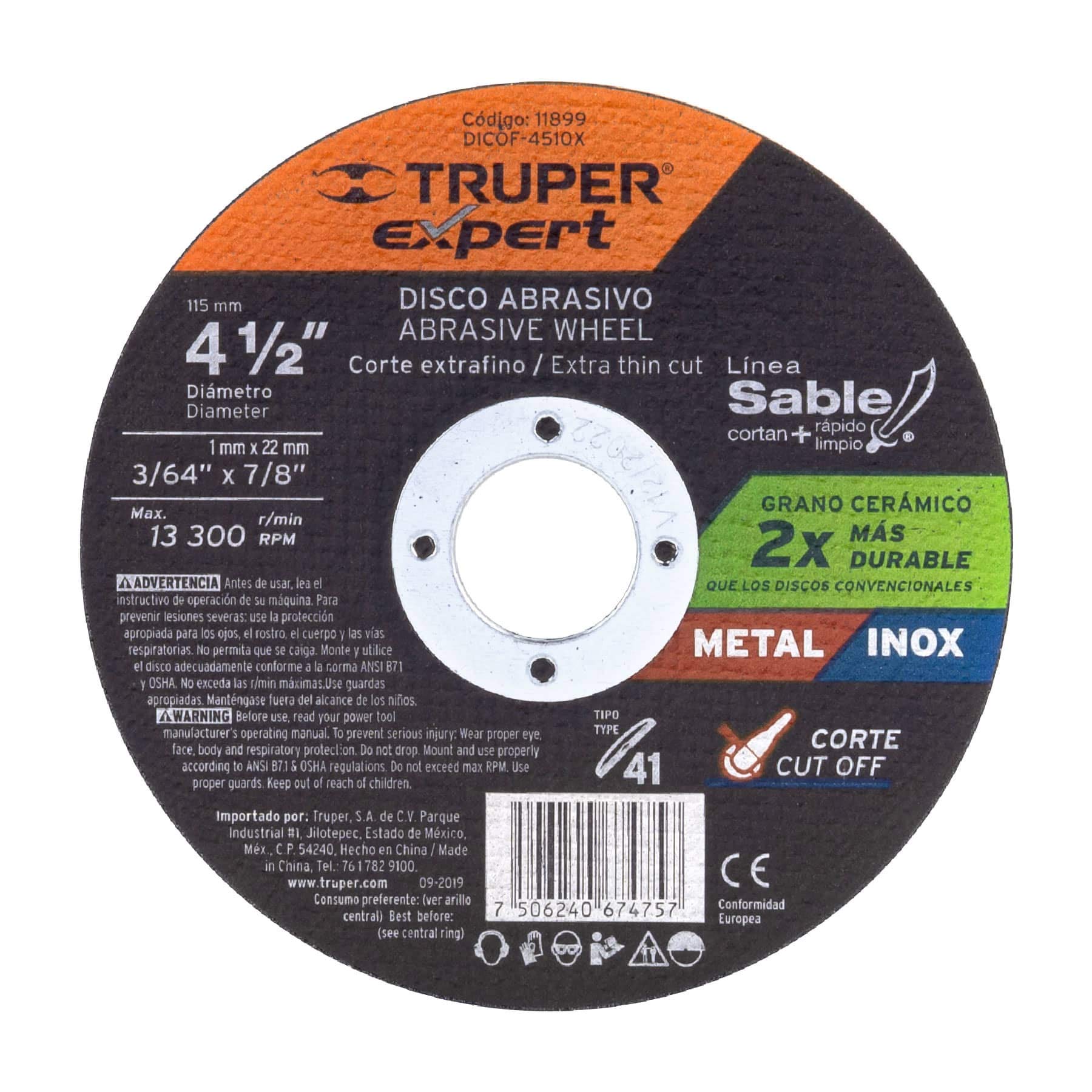 Truper Expert DICOF-4510X, Disco Tipo 41 de 4-1/2″ x 1 mm corte fino de metal, 1 pieza