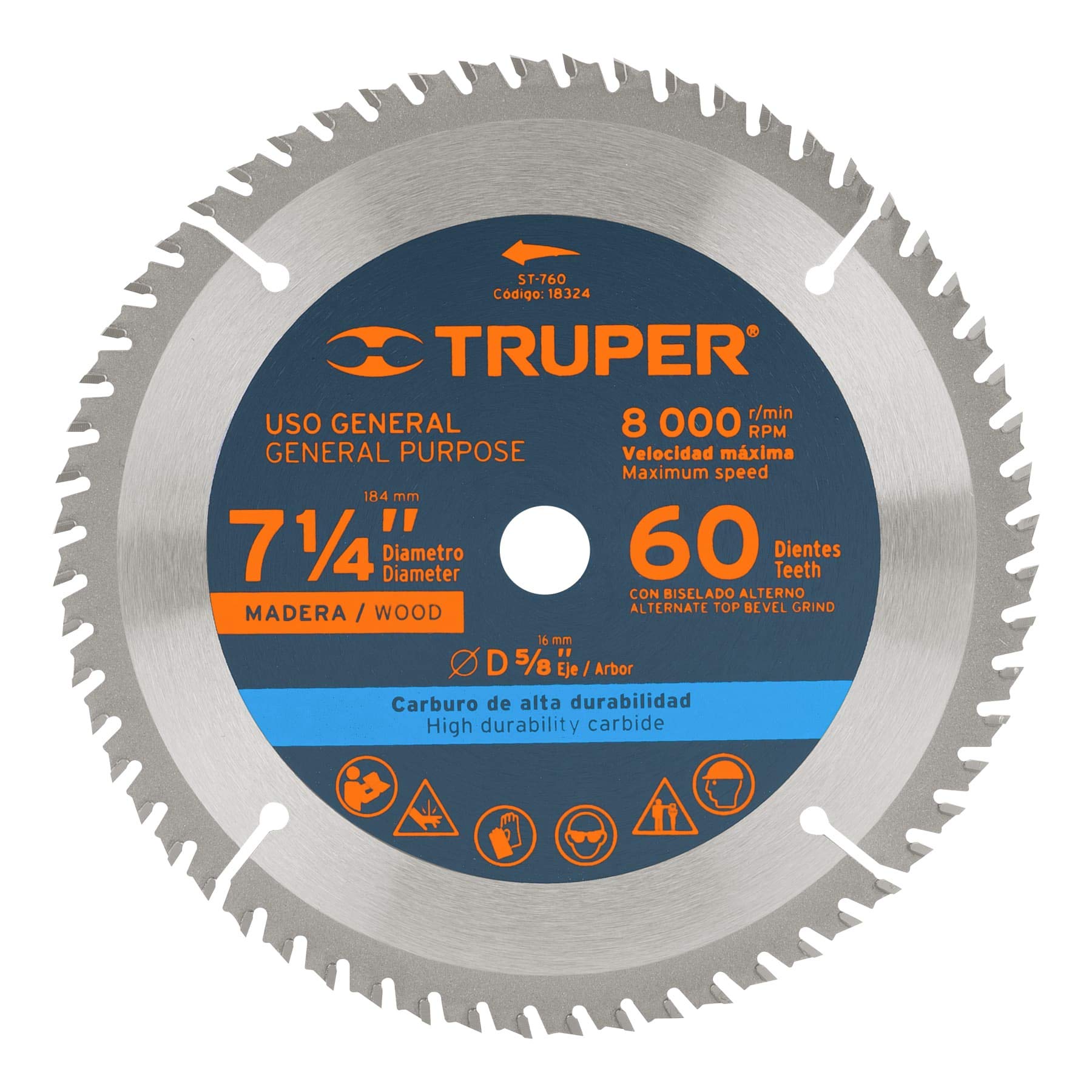 Truper ST-760, Disco sierra p/madera 7- 1/4″, 60 dientes, centro 5/8″