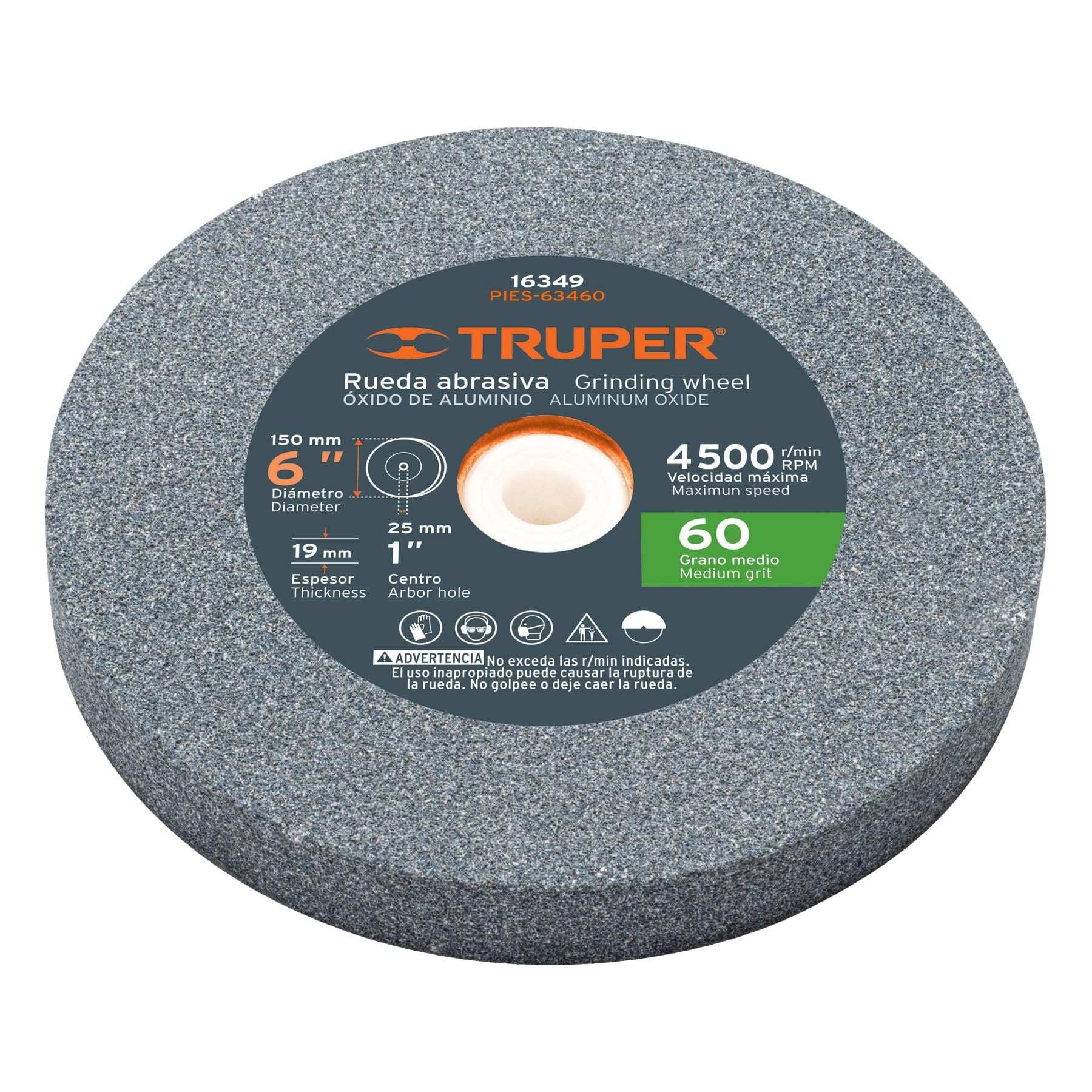 Truper PIES-63460, Piedra para esmeril, óxido de aluminio 6″, grano 60, espesor 3/4″, barreno 1″