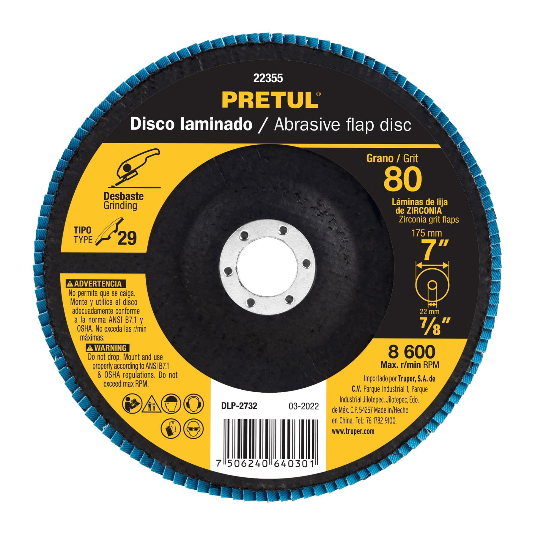Pretul DLP-2732, Disco laminado, diámetro 7″, 7/8″, grano 80