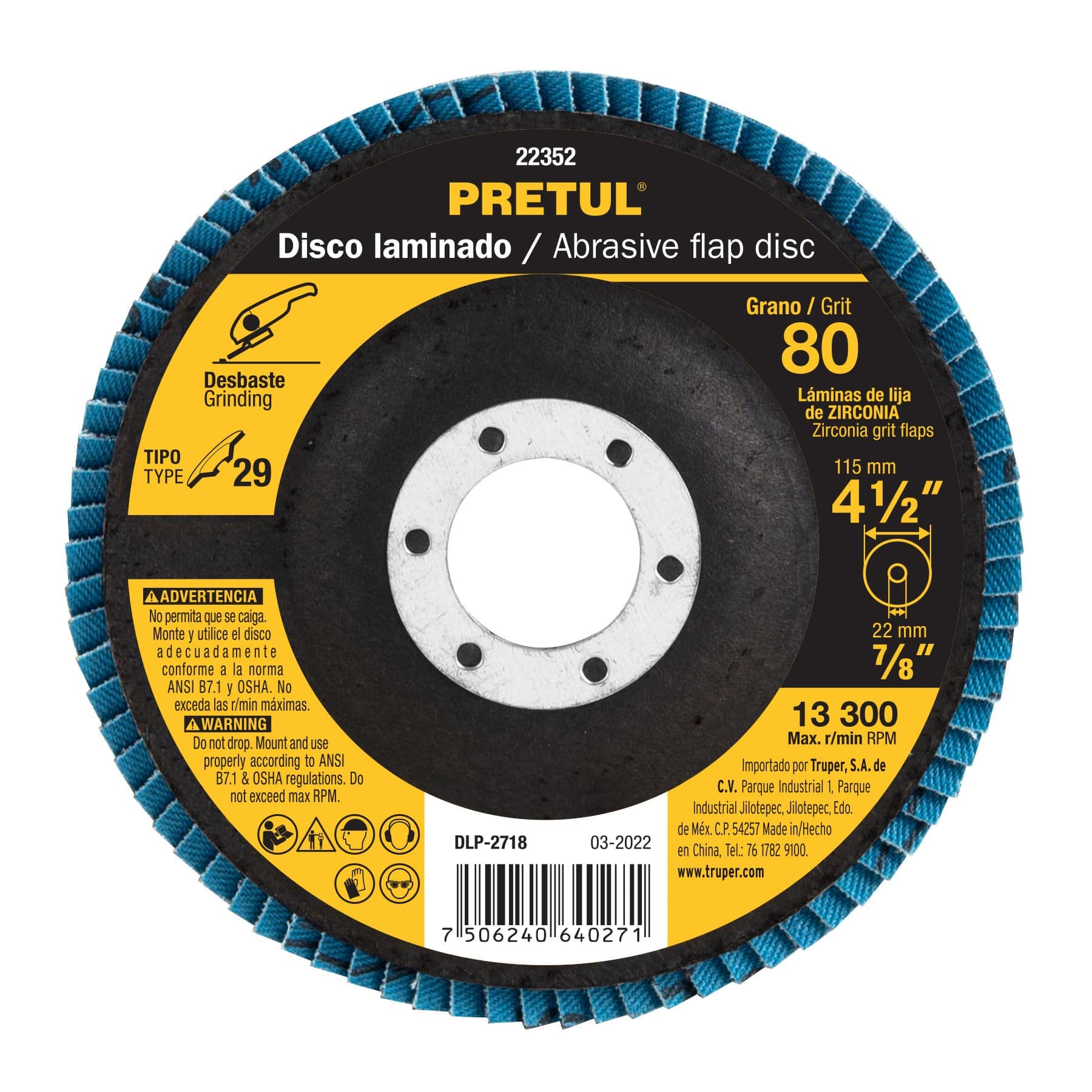 Pretul DLP-2718, Disco laminado, 4-1/2″, grano 80, centro 7/8″