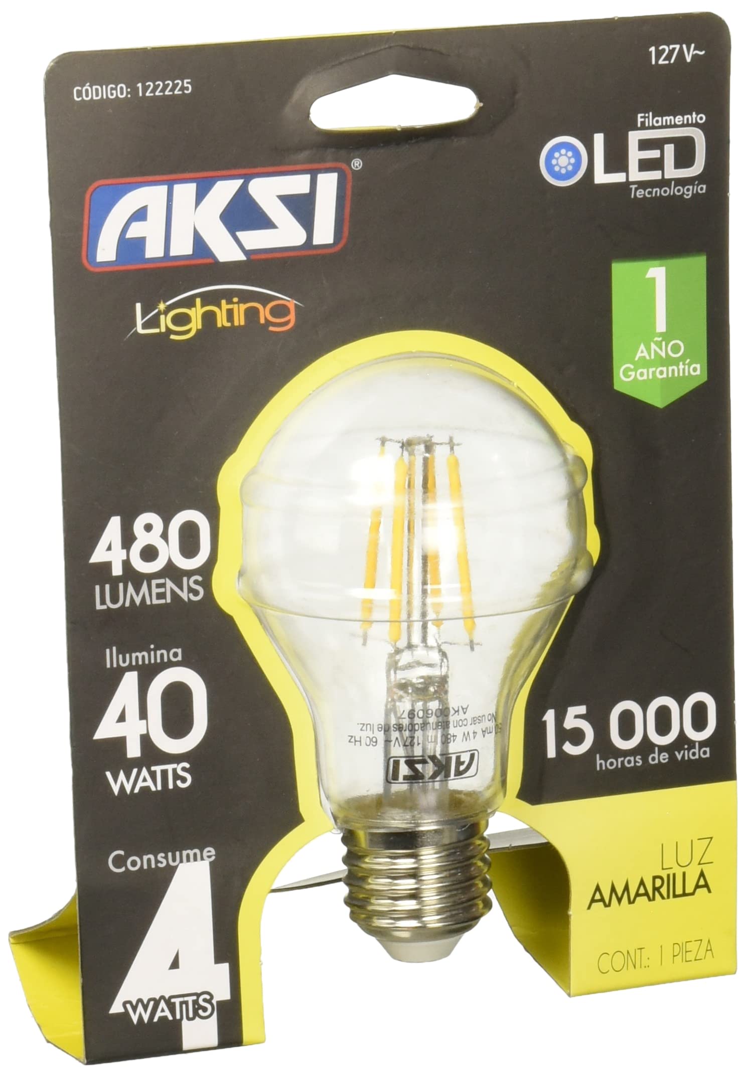 Aksi 122225 Foco Filamento A19, color Amarillo, 4W, pack of/paquete de 1