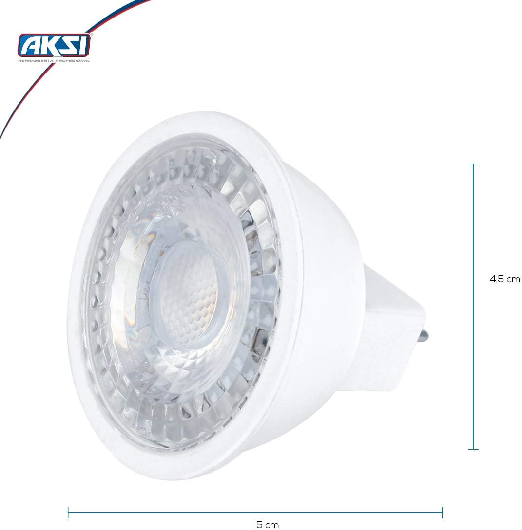 Pack 10 Focos LED AKSI MR16 GU5.3, Equivalente a 55W (480 lm - Lúmenes), Consume 7W (vatios), LUZ CÁLIDA 3000K, 127V - Carzamo.com