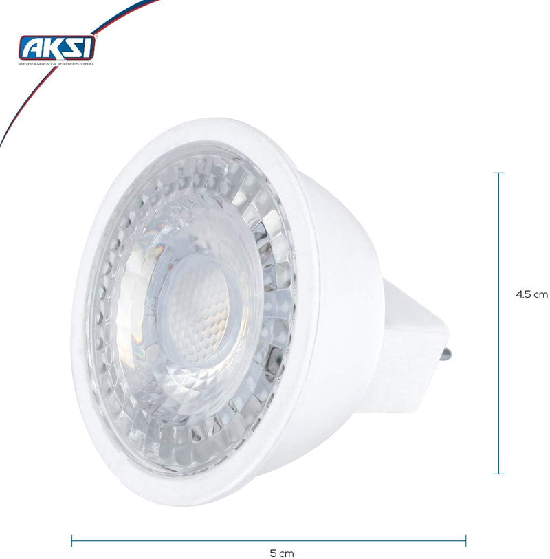 Pack 10 Focos LED AKSI MR16 GU5.3, Equivalente a 55W (480 lm - Lúmenes), Consume 7W (vatios), LUZ CÁLIDA 3000K, 127V - Carzamo.com