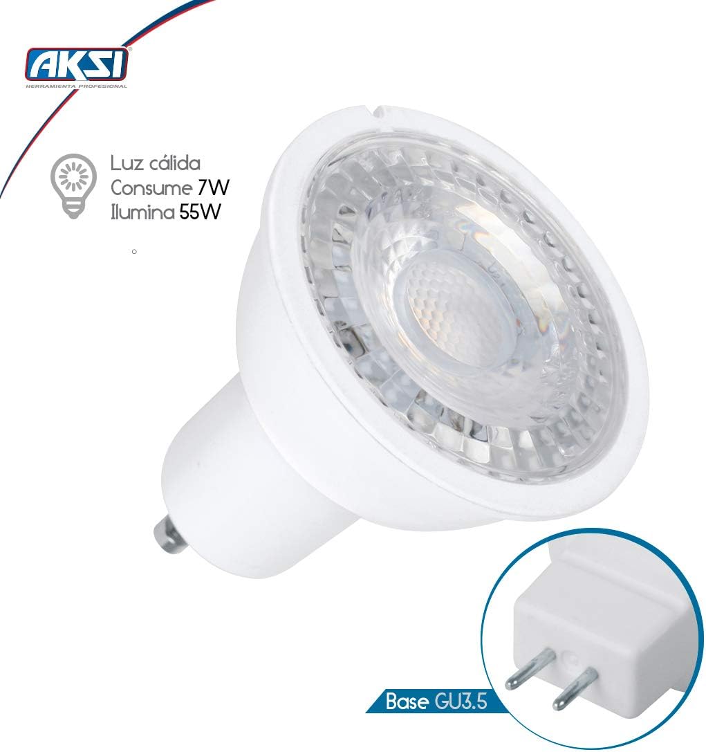Pack 10 Focos LED AKSI MR16 GU5.3, Equivalente a 55W (480 lm - Lúmenes), Consume 7W (vatios), LUZ CÁLIDA 3000K, 127V - Carzamo.com