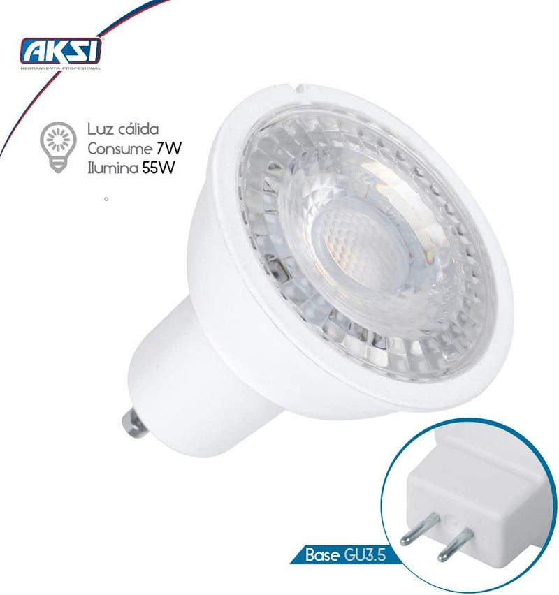Pack 10 Focos LED AKSI MR16 GU5.3, Equivalente a 55W (480 lm - Lúmenes), Consume 7W (vatios), LUZ CÁLIDA 3000K, 127V - Carzamo.com