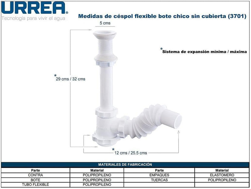 Céspol Flexible URREA 3701 para Lavabo sin Cubierta con Bote Chico y Tapón de Registro - Carzamo.com