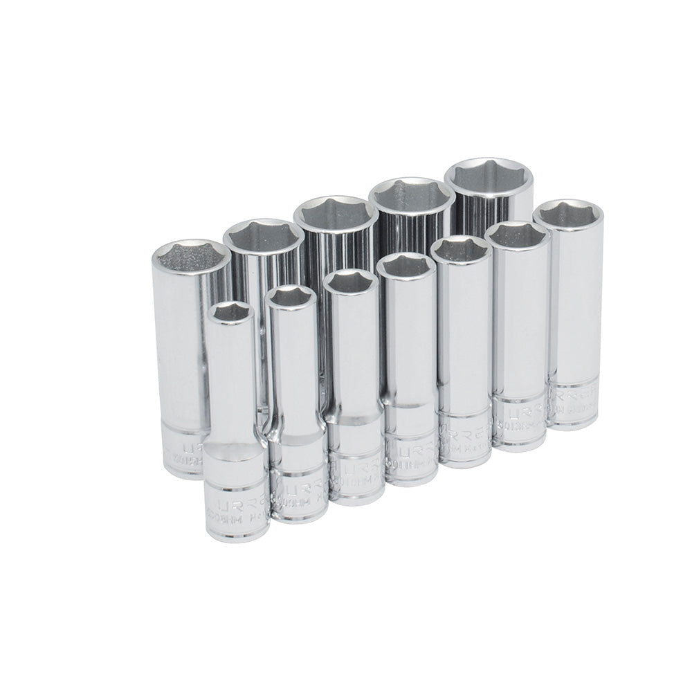 Juego de dados largos cuadro de 3/8", 6 puntas, métricos, 12 piezas Urrea