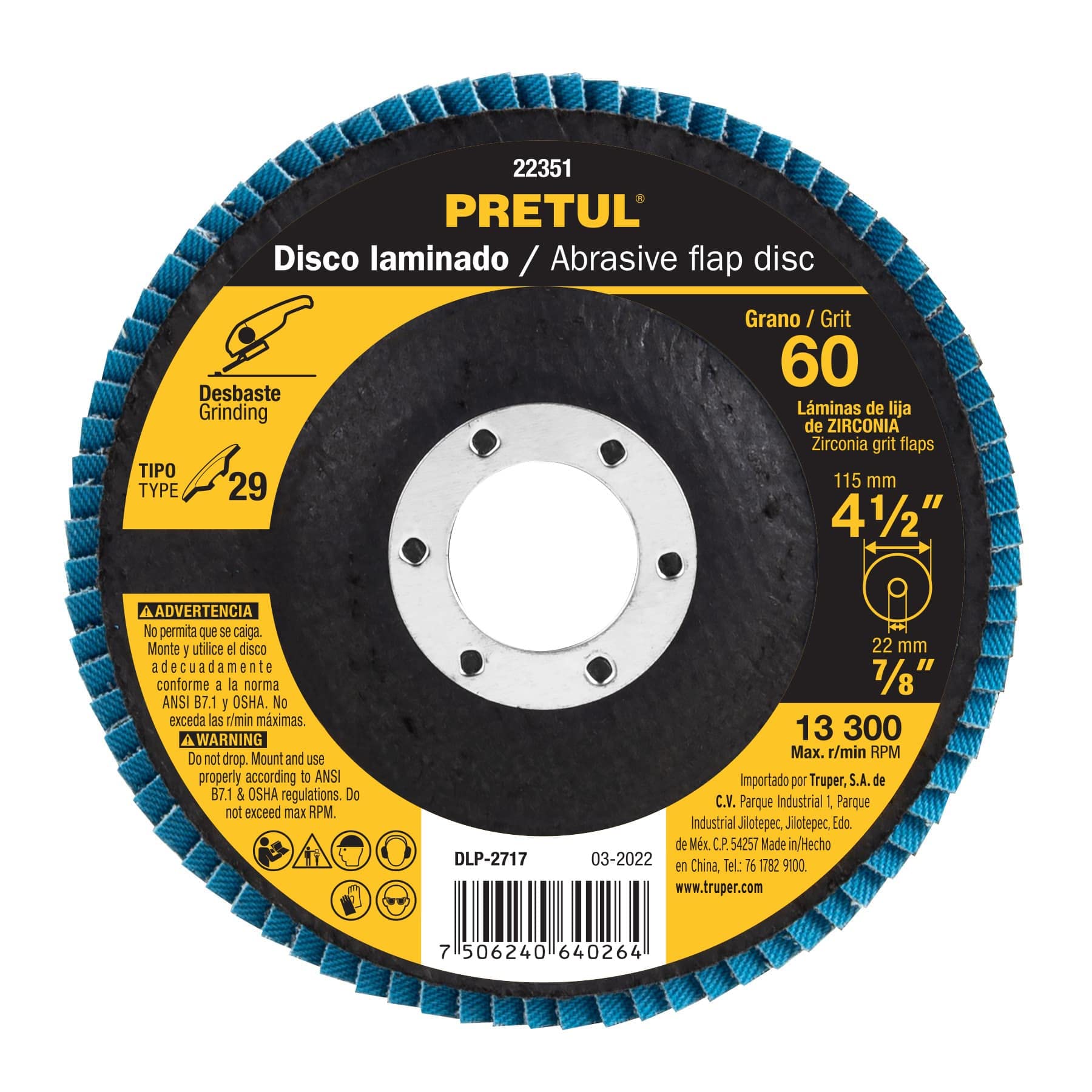 Pretul DLP-2717, Disco laminado, diámetro 4 1/2″, 7/8″, grano 60