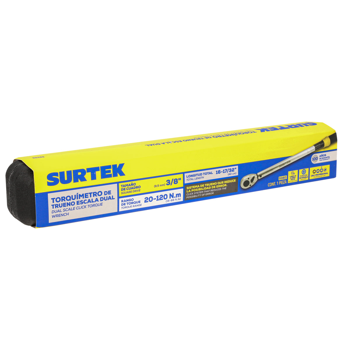 Torquímetro de truneo una escala dual cuadro de 3/8", 20-120 Nm (15-88.5 ft-lb) Surtek