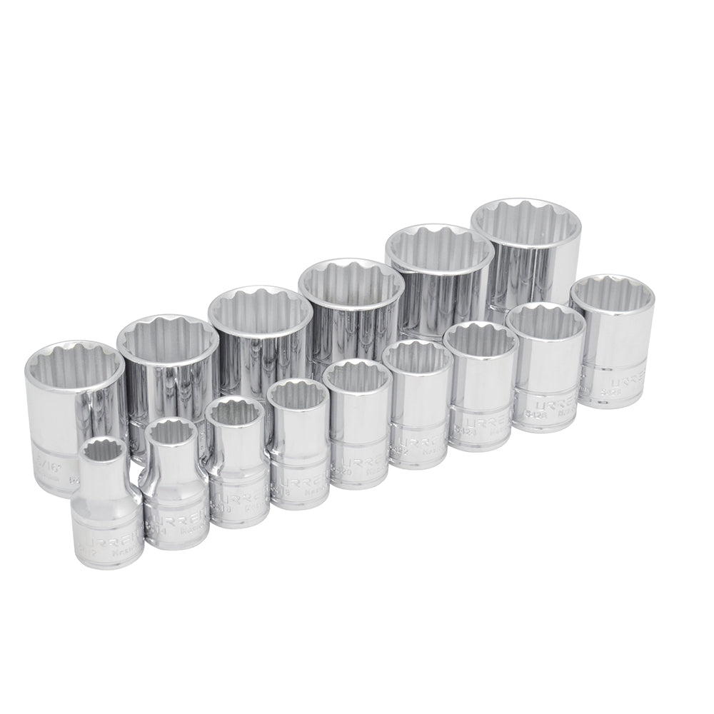 Juego de dados cuadro de 1/2", 12 puntas, en pulgadas, 15 piezas Urrea