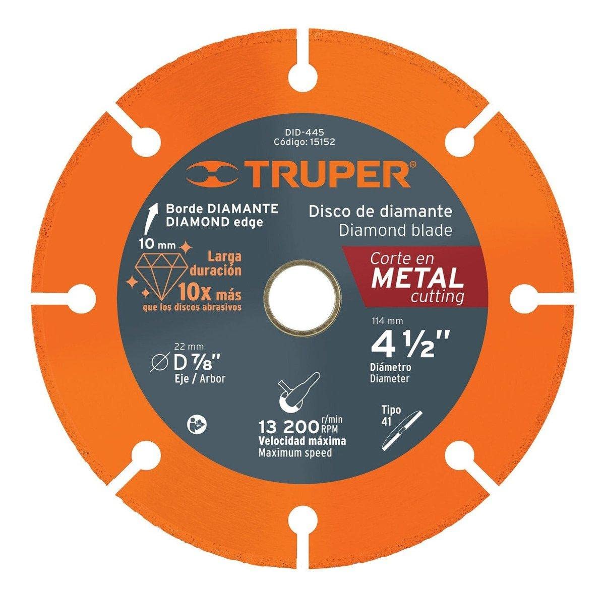 Truper DID-445, Disco de diamante de 4-1/2″ x 1.4 mm para corte metal
