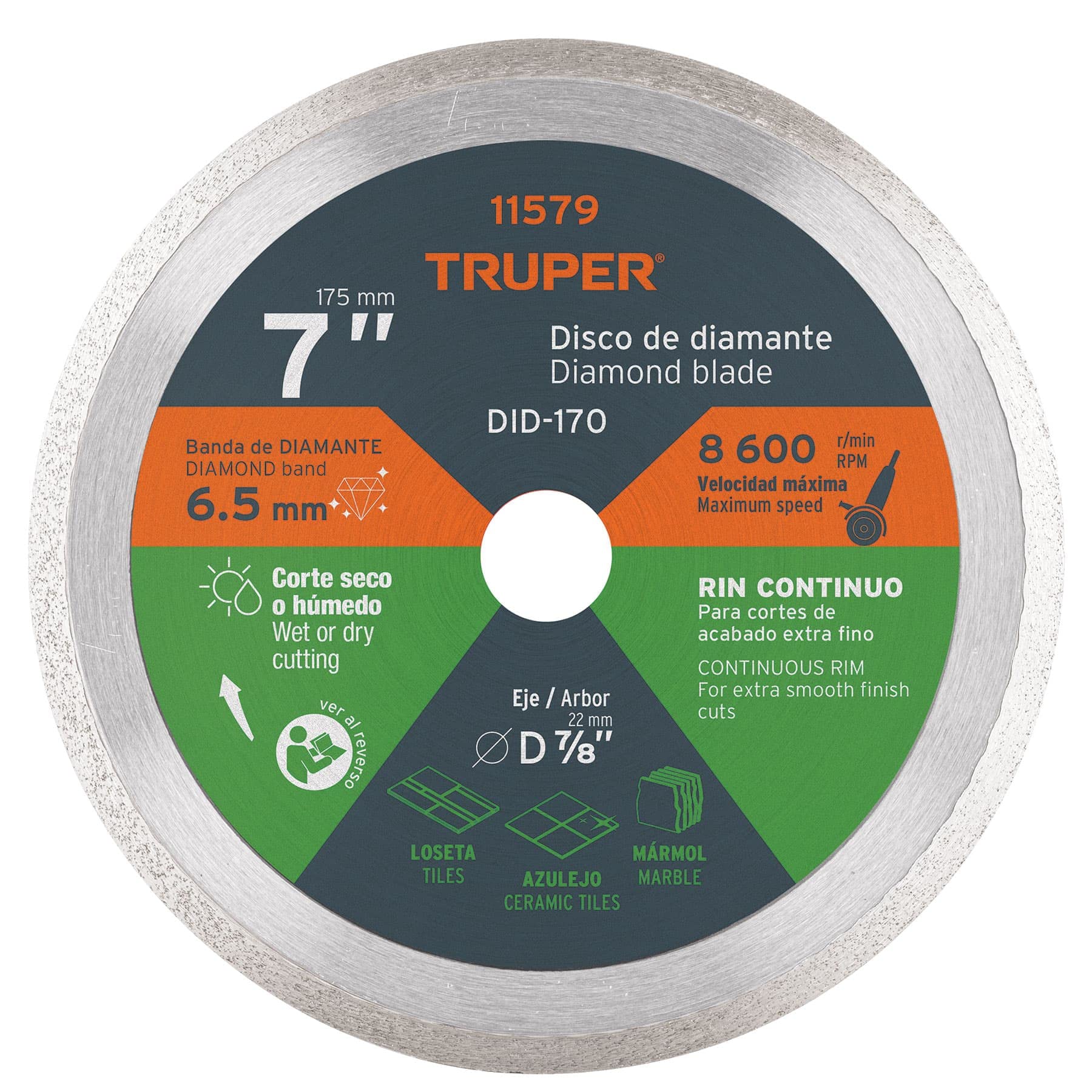 Truper DID-170, Disco de diamante de 7″ x 2.2 mm, rin continuo